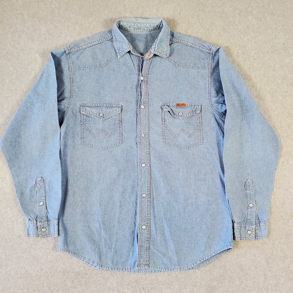 Vintage Wrangler Chambray Shirt Mens Large Blue Western Pearl Snap 7166 Cotton